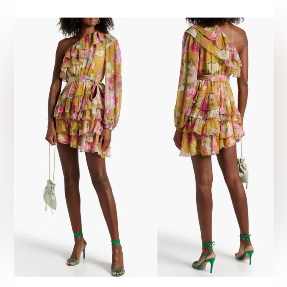 Rococo Sand Avar Yellow Floral One-Shoulder Ruffle Dress NWT